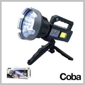 Torcia da ricerca LED ricaricabile con treppiede COBA CB-T200 – 100W, 300 m, Powerbank integrato
