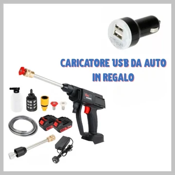 Idropulitrice portatile a batteria Nico – con set completo di accessori + CARICATORE AUTO USB doppio in omaggio KA-6
