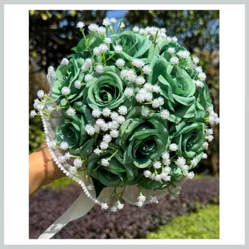 Bouquet da Sposa – Fiori Artificiali Verdi con Nastro in Raso 39965718g