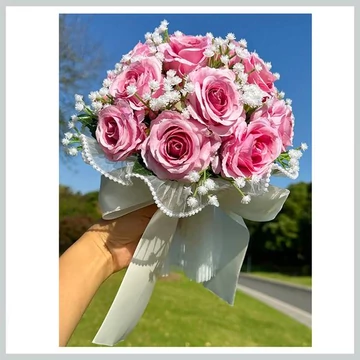 Bouquet da Sposa – Fiori Artificiali Rosa con Nastro in Raso 39965718pi