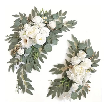 Set di Decorazioni con Fiori Artificiali in Seta – 2 pezzi con Fiori Bianchi e Foglie Verdi BV37768