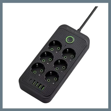Multipresa con 6 prese, 3 porte USB + 1 Type-C, cavo da 1,2 m – colore nero – Mod. F018U-BLACK