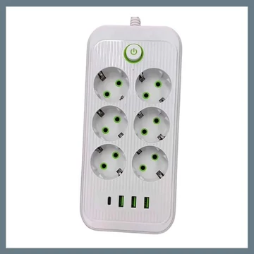 Multipresa con 6 prese, 3 porte USB + 1 Type-C, cavo da 1,2 m – colore bianco – Mod. F018U