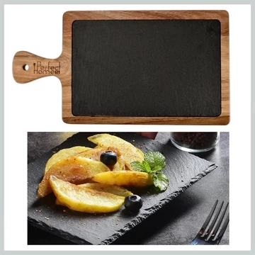 Vassoio da portata in lavagna naturale con supporto in legno di acacia – Perfect Home – 26 × 18 cm – Modello 28111