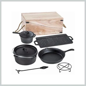 Set BBQ Grill in ghisa Perfect Home – 6+1 pezzi con cassa in legno – Modello 28340 (Dutch Oven / Forno olandese)