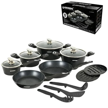 Herzberg Set di pentole 15 pezzi con rivestimento in marmo (nero metallizzato) HG-METBK15