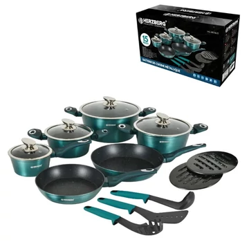 Herzberg Set di pentole 15 pezzi con rivestimento in marmo (blu metallizzato) HG-METBL15