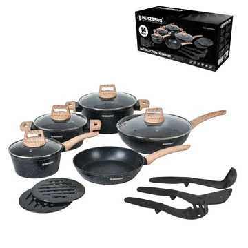 Herzberg Set di pentole 14 pezzi con rivestimento in granito e manici effetto legno nero HG-WDMRB14