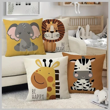 Set di 4 cuscini decorativi con motivi di animali dei cartoni animati per bambini, 40 x 40 cm LY419472