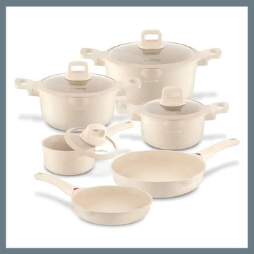 Royalty Line - Set di pentole a induzione con manico in silicone marmorizzato, 10 pezzi, color crema RL-T10C