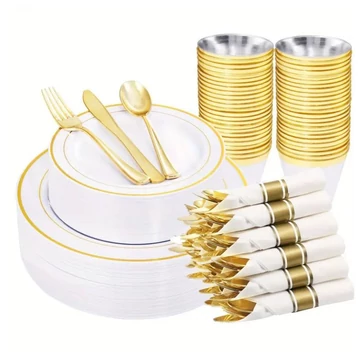 Elegante servizio da tavola usa e getta con bordo dorato - set da 70 pezzi UJ2394684