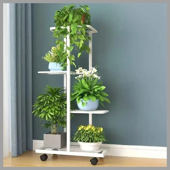 Portapiante in Metallo da Interno/Esterno con Ruote, 4 Ripiani – Bianco – AF122560-b
