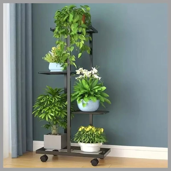 Portapiante in Metallo da Interno/Esterno con Ruote, 4 Ripiani – Nero – AF122560