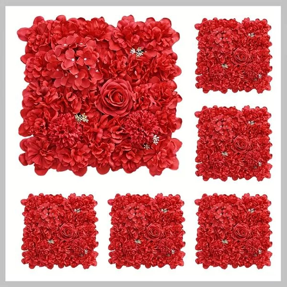 Pannello Decorativo con Fiori Artificiali – Set da 6 Pezzi, Rosso – BH135643-4