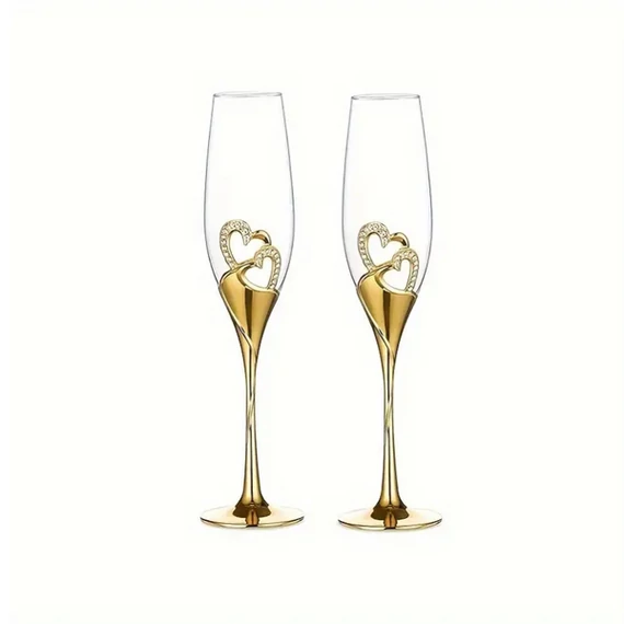 Set di Flûte da Champagne per Matrimonio con Motivo a Cuori Intrecciati – Oro – 200 ml XK277624-a