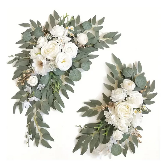 Set di Decorazioni con Fiori Artificiali in Seta – 2 pezzi con Fiori Bianchi e Foglie Verdi BV37768