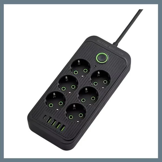 Multipresa con 6 prese, 3 porte USB + 1 Type-C, cavo da 1,2 m – colore nero – Mod. F018U-BLACK