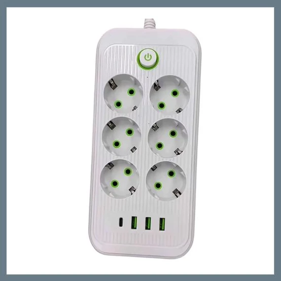Multipresa con 6 prese, 3 porte USB + 1 Type-C, cavo da 1,2 m – colore bianco – Mod. F018U