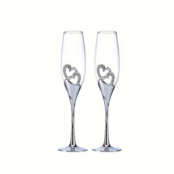 Set di Flûte da Champagne per Matrimonio con Motivo a Cuori Intrecciati – Argento – 200 ml XK277624