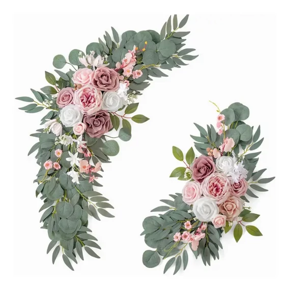 Set di Decorazioni con Fiori Artificiali in Seta – 2 pezzi con Fiori Rosa e Bianchi, Foglie Verdi XW1496408