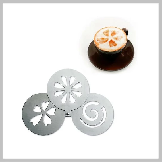 Set di stencil in acciaio inox per cappuccino e dolci – 3 pezzi – Modello 12428