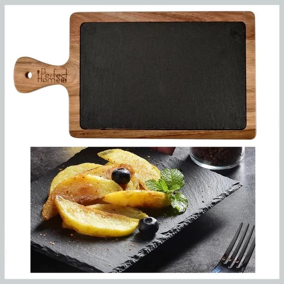 Vassoio da portata in lavagna naturale con supporto in legno di acacia – Perfect Home – 26 × 18 cm – Modello 28111