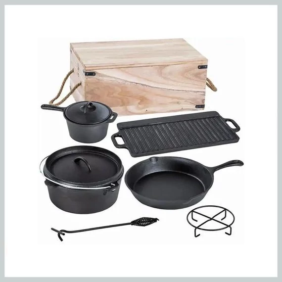 Set BBQ Grill in ghisa Perfect Home – 6+1 pezzi con cassa in legno – Modello 28340 (Dutch Oven / Forno olandese)