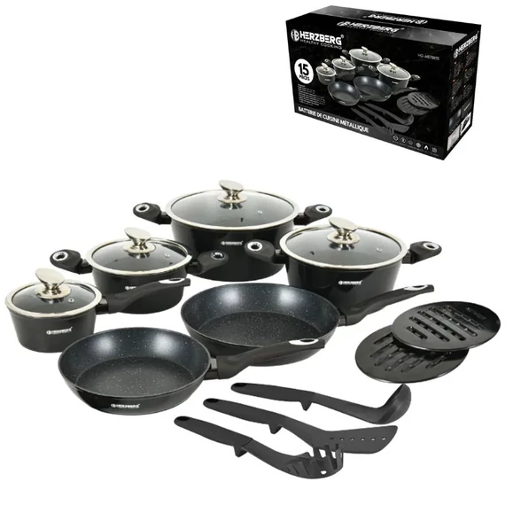 Herzberg Set di pentole 15 pezzi con rivestimento in marmo (nero metallizzato) HG-METBK15
