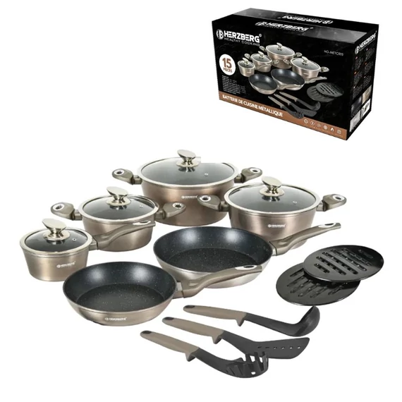 Herzberg Set di pentole 15 pezzi con rivestimento in marmo (oro) HG-METCR15