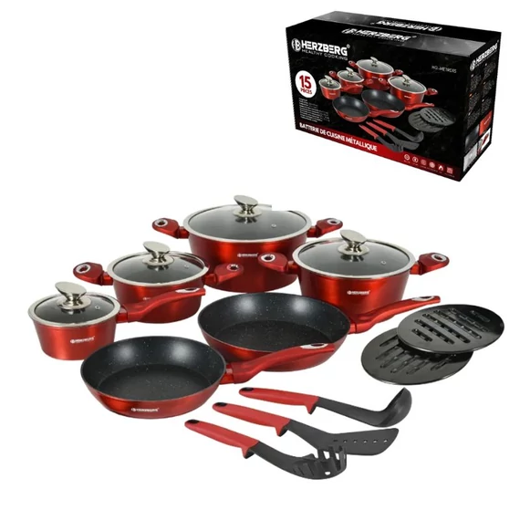 Herzberg Set di pentole 15 pezzi con rivestimento in marmo (rosso lucido) HG-METRD15