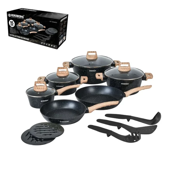 Herzberg Set di pentole 15 pezzi con rivestimento in granito e manici effetto legno nero HG-WDMRB15