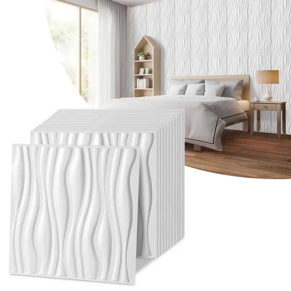 Set di Pannelli da Parete 3D – Onda Bianca, PVC, 50 × 50 cm, 12 Pezzi – 15173XV32-hfh5
