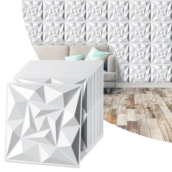 Set di Pannelli da Parete 3D – Quarzo Bianco, PVC, 30 × 30 cm, 12 Pezzi – 15173XV32-kfh