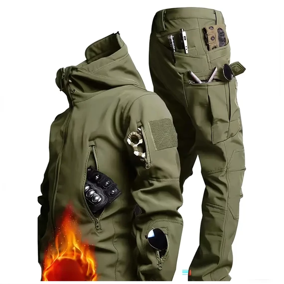 Completo Tattico Softshell con Interno in Pile – Giacca e Pantaloni, Verde, Taglia S – AU4713866-zs