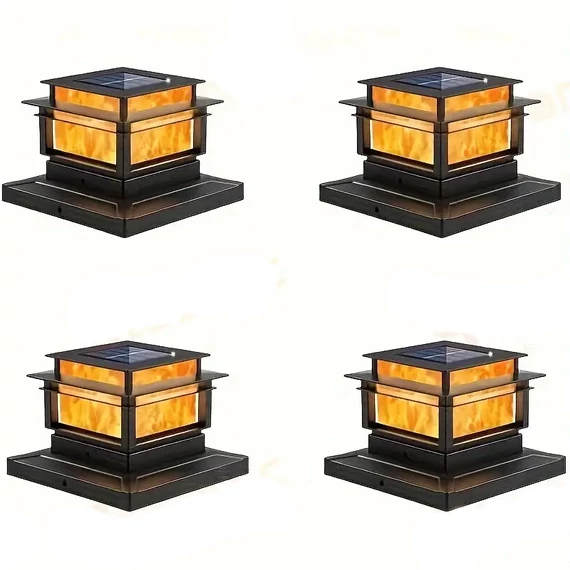 Set di 4 Lampade Solari da Colonna con Effetto Fiamma – PT95279-4