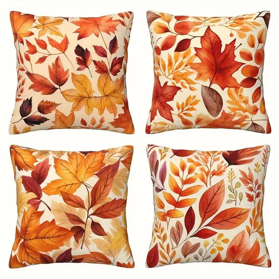 Set di 4 Federe Decorative con Motivo Foglie Autunnali – 45 × 45 cm – HT5292177-2