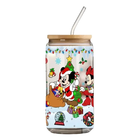 Bicchiere natalizio Disney in vetro con Mickey e Minnie 470 ml LL565881