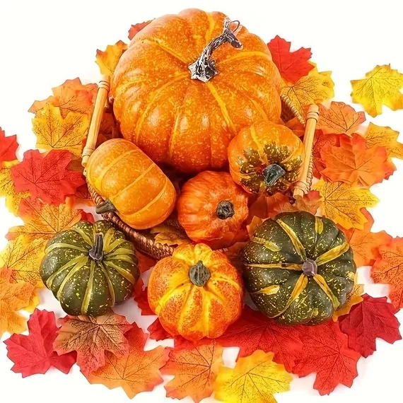 Set decorativo autunnale da 37 pezzi – 7 zucche finte + 30 foglie d’acero XL284876