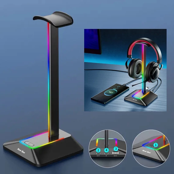 Supporto per cuffie con illuminazione LED RGB e connessione USB – Nero GV578467-f