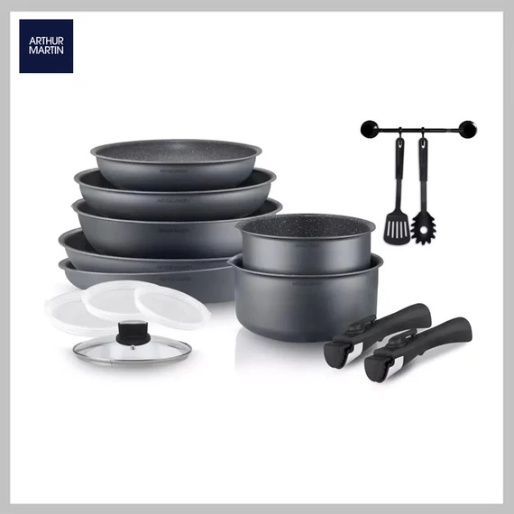Arthur Martin AM133GM_ZE – Set di pentole in alluminio da 15 pezzi con manici rimovibili, colore grigio opaco
