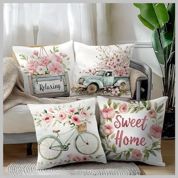 Set di 4 federe per cuscini primaverili-estivi – motivo floreale rosa, “Sweet Home” GJ911337