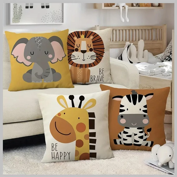 Set di 4 cuscini decorativi con motivi di animali dei cartoni animati per bambini, 45 x 45 cm LY419472-2