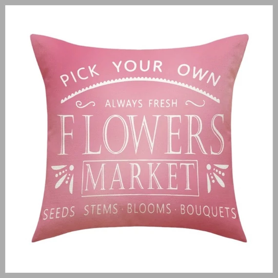 Fodera per cuscino 45 x 45 cm, con scritta FLOWERS MARKET POD159