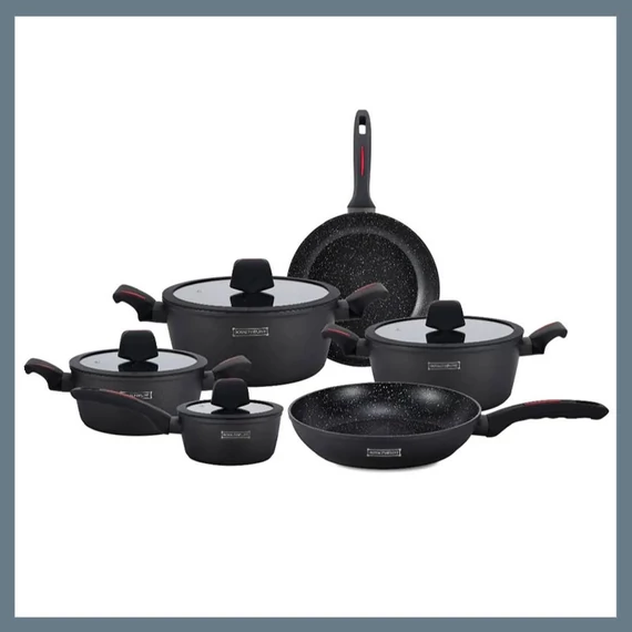 Royalty Line - Set di pentole per cottura a induzione, 10 pezzi, con manico in silicone rivestito in marmo, nero RL-T10BLK