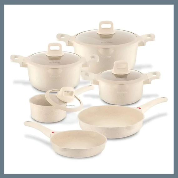 Royalty Line - Set di pentole a induzione con manico in silicone marmorizzato, 10 pezzi, color crema RL-T10C