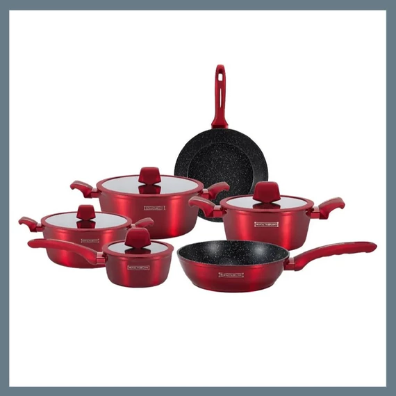 Royalty Line - Set di 10 pentole a induzione con manico in silicone marmorizzato, rosso RL-T10RED
