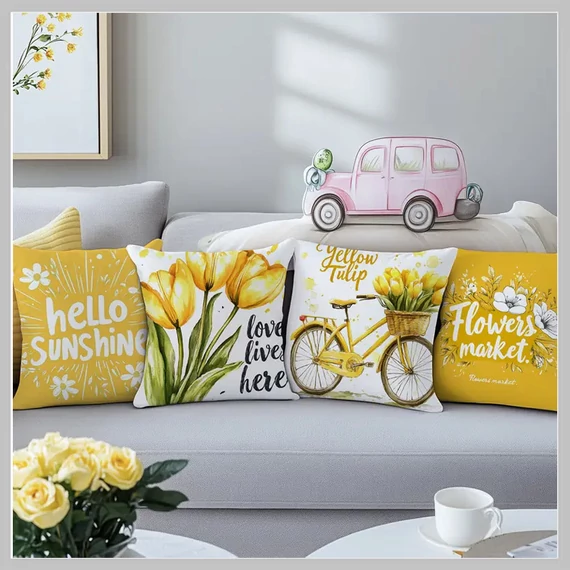 Set di 4 federe decorative con tulipani gialli e cerniera RX1138557
