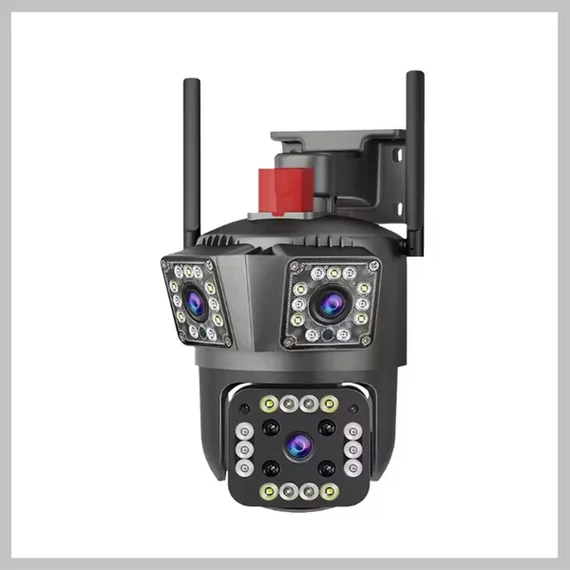 Telecamera di sorveglianza tripla 12 MP Ultra HD, per interni/esterni, rotazione a 360°, rilevatore di movimento, visione notturna, Wi-Fi – KE24-342