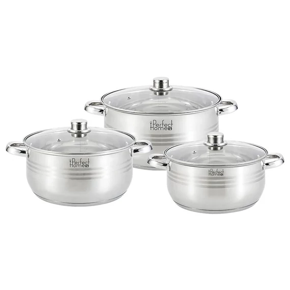 Set di Pentole in Acciaio Inox con Coperchio in Vetro Perfect Home – Capacità 5,5/7/8,5 litri | Modello 28301