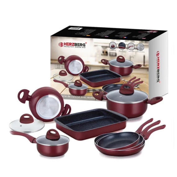 Set di pentole antiaderenti effetto marmo Herzberg 10 pezzi – Colore bordeaux – Modello HG-9016BR